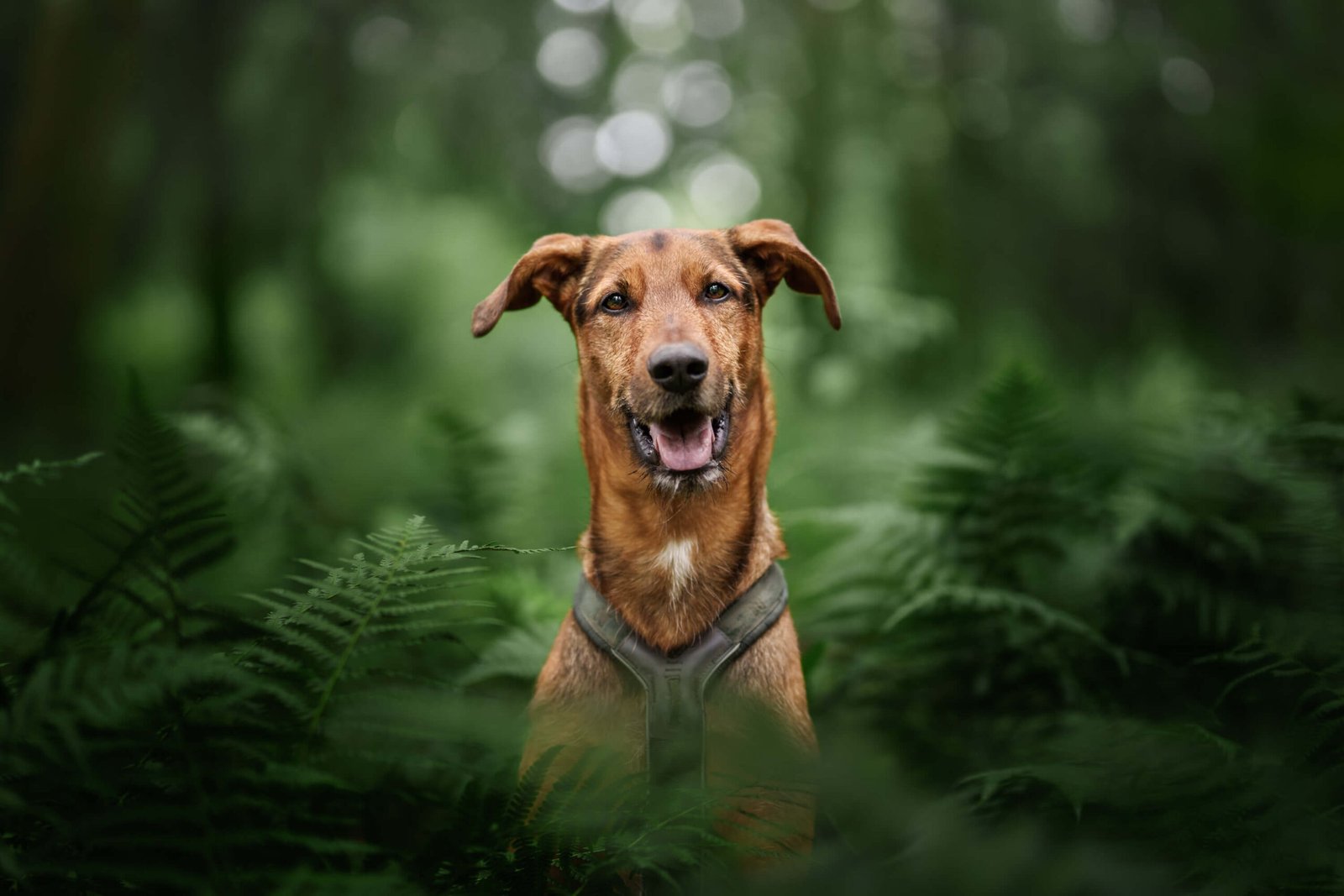 Brauner Hund der zwischen Farnen sitzt und glücklich in die Kamera schaut